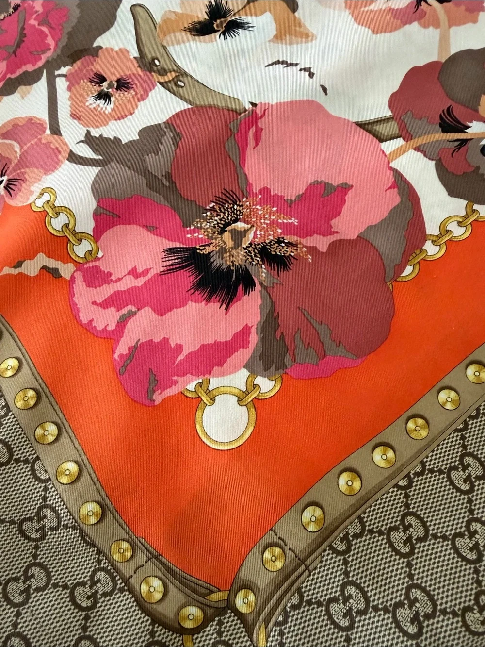 Gucci Orange Beige Pink Floral Silk Scarf